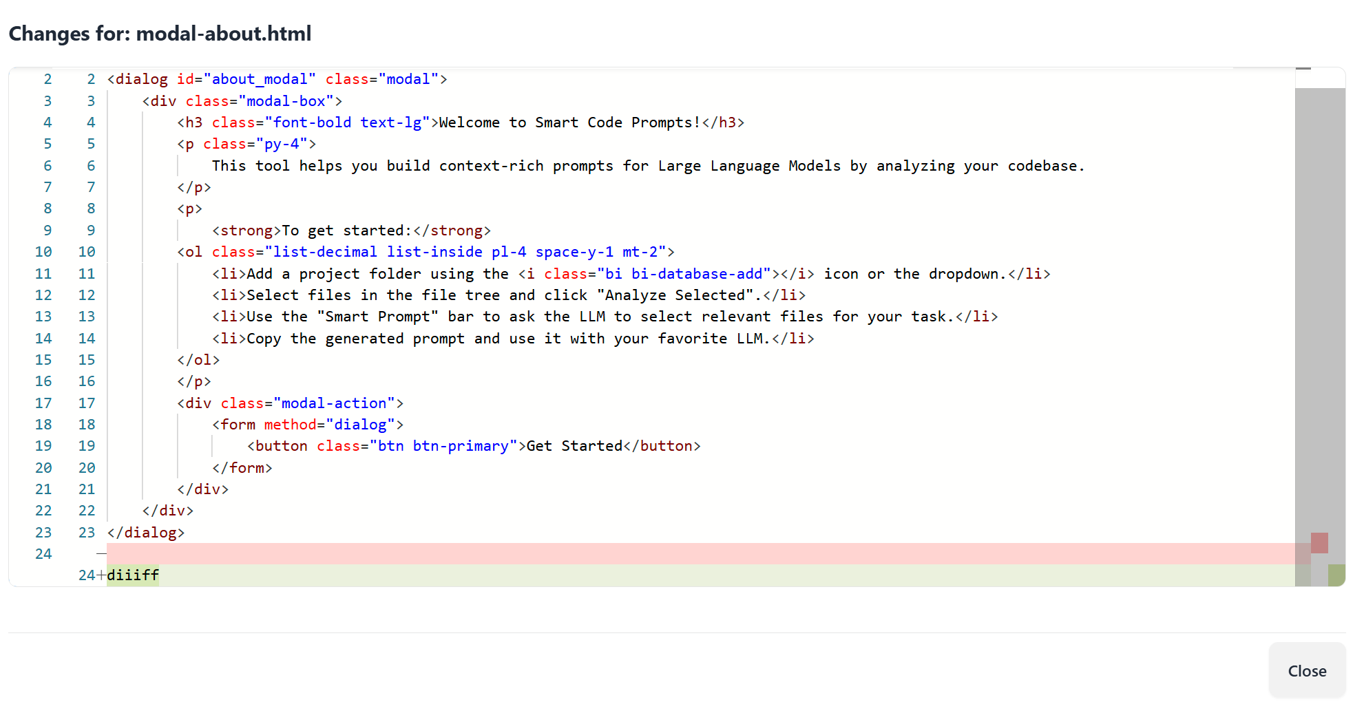 Side-by-side diff viewer showing file changes