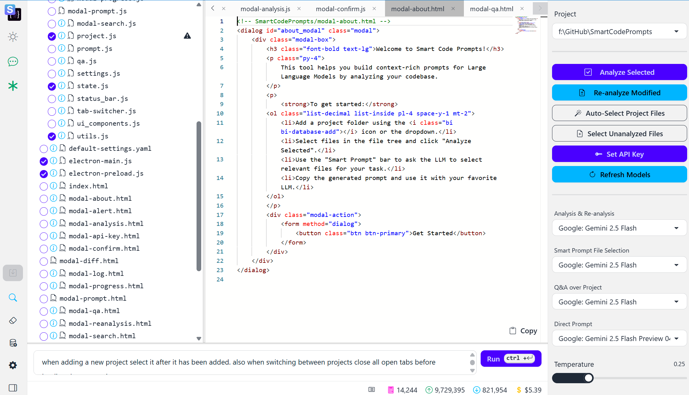 Smart Code Prompts application interface showing the file tree, editor tabs, and prompt area.